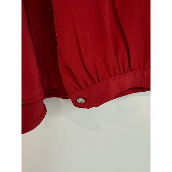 Honey Punch Red Satin Feel Blouse Large Ruffle Hem Long Sleeve Keyhole - Picture 6 of 6